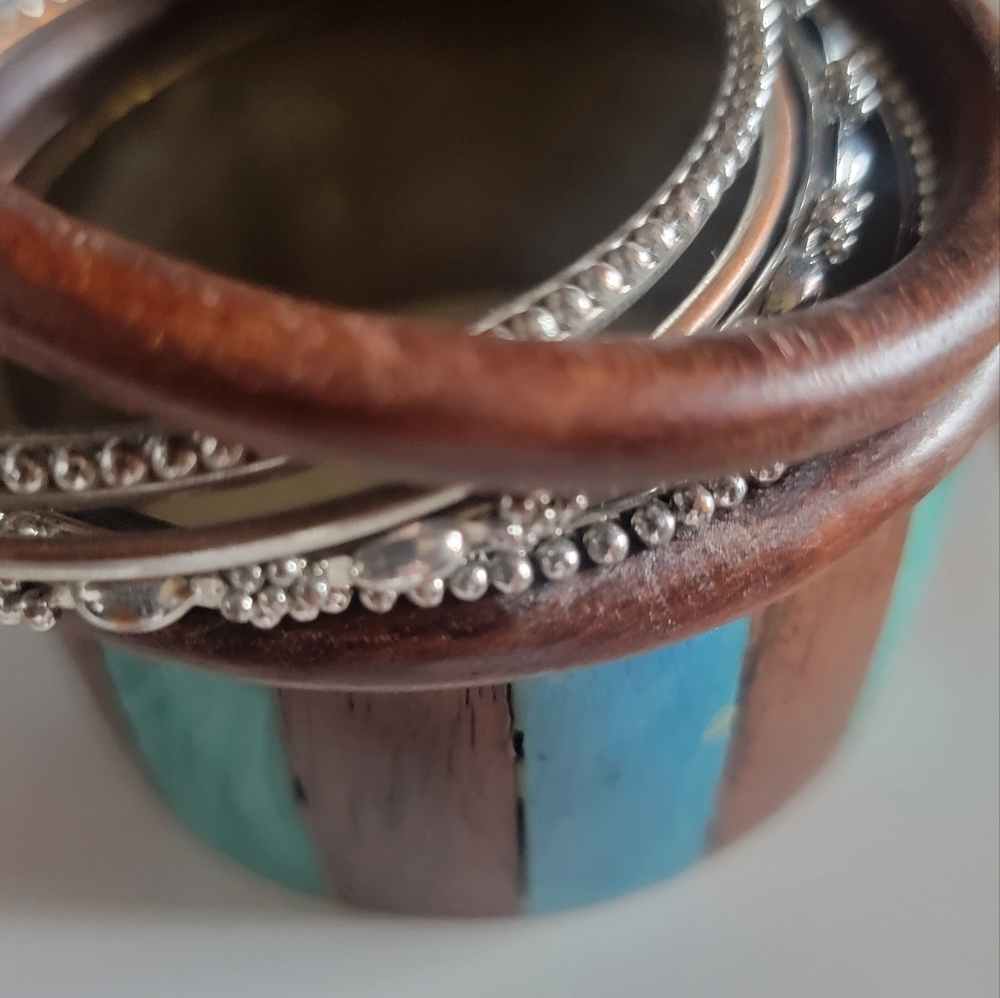 Wood Turquoise and Silver Bangle Set